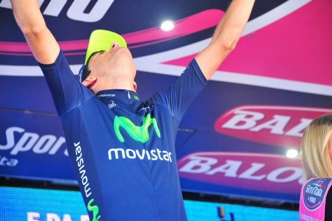 Stage 16 winner Benat Intxausti (Movistar) on the podium