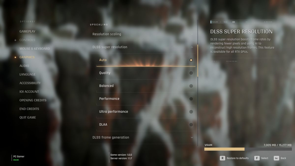 A screenshot of 007 First Light's PC graphics options, showing the choice of upscaling algorithms available