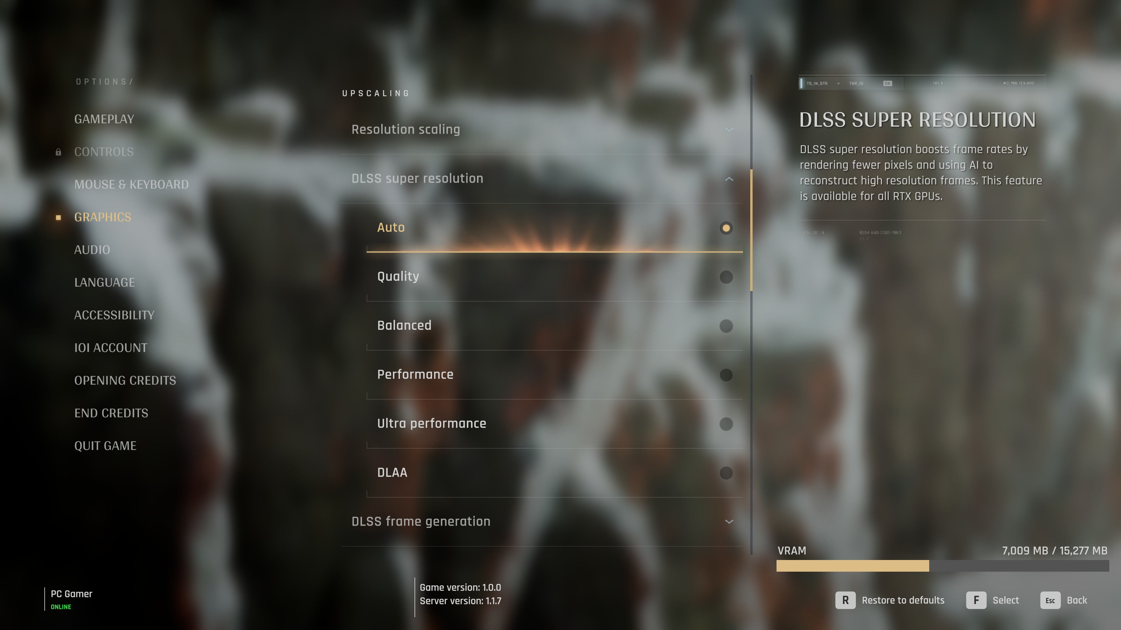 A screenshot of 007 First Light's PC graphics options, showing the choice of upscaling algorithms available