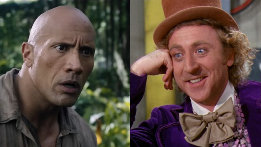 Dwayne Johnson looking shocked in Jumanji/Gene Wilder smiling as Willy Wonka