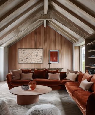 Living room with large sectional and round coffee table and rug with wood paneling