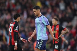 Arsenal defender William Saliba receives a red card in the Premier League against Bournemouth