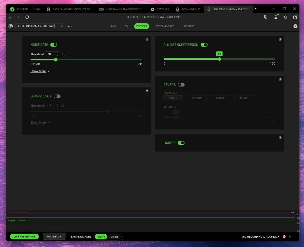 Screenshot of Razer Synapse software showing Effects settings for the Seiren V3 Chroma, including Noise Gate, AI Noise Suppression, Compressor, Reverb, and Limiter.