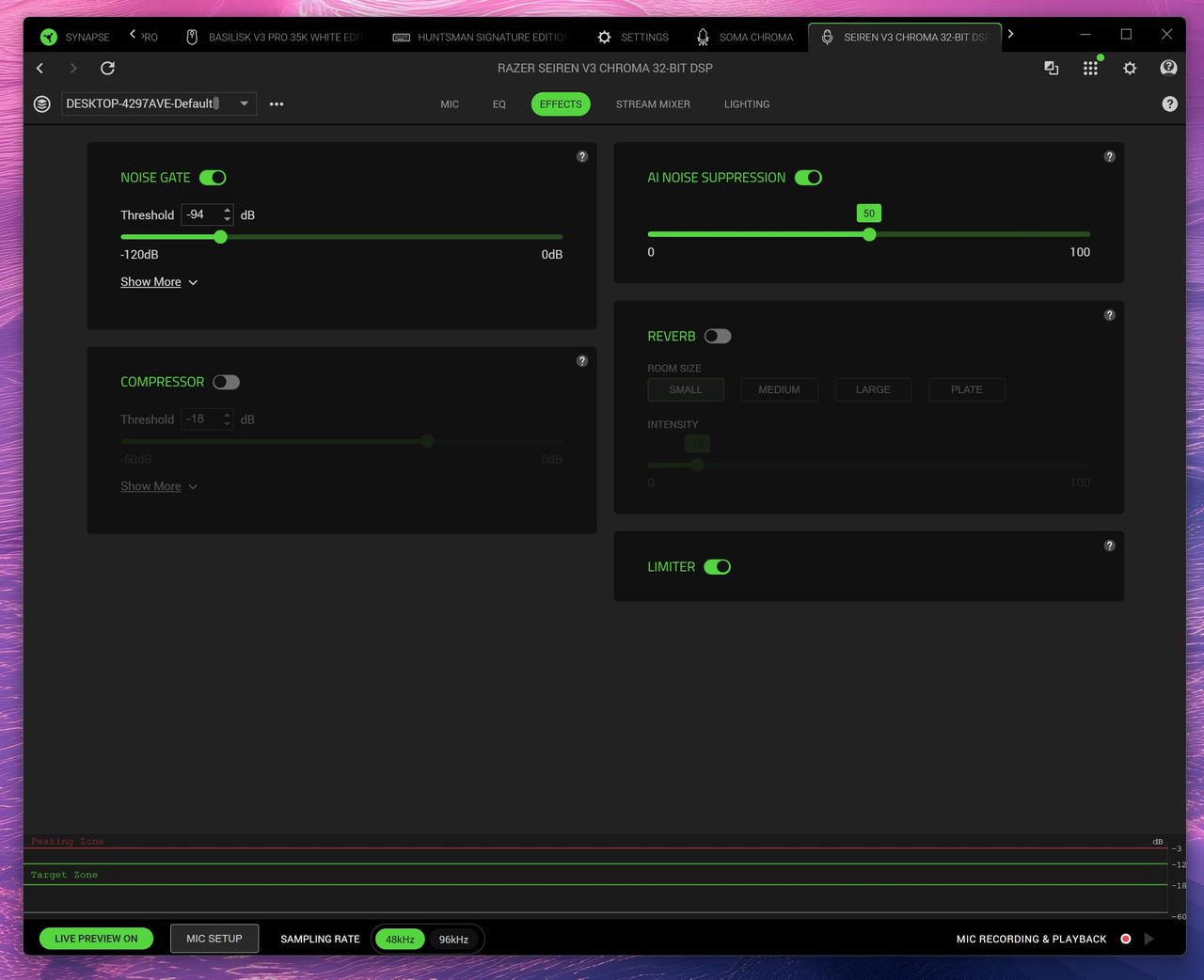 Screenshot of Razer Synapse software showing Effects settings for the Seiren V3 Chroma, including Noise Gate, AI Noise Suppression, Compressor, Reverb, and Limiter.