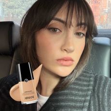 Alyssa Brascia with some of WWW's favorite lightweight foundations overlaid.