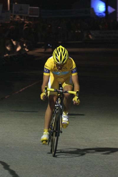 Contador rides in the night, a slightly strange setting for the Tour champ.