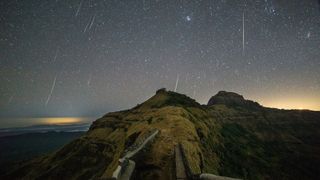 Geminids meteor shower over Rajgad Fort in Maharashtra, India.