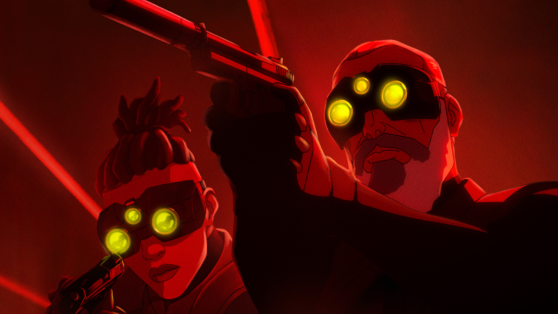 Sam Fisher and Zinnia Mckenna aiming their laser sights while wearing night vision goggles