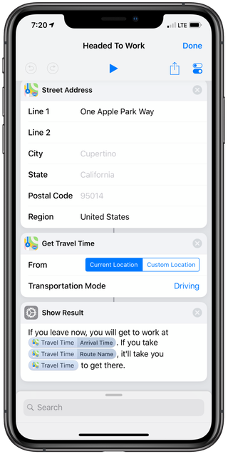 Tap on the Get Travel Time variable to extract more details like Arrival Time and Route