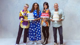 Prue Leith, Alison Hammond, Noel Fielding and Paul Hollywood stand in a row holding cakes in The Great British Bake Off