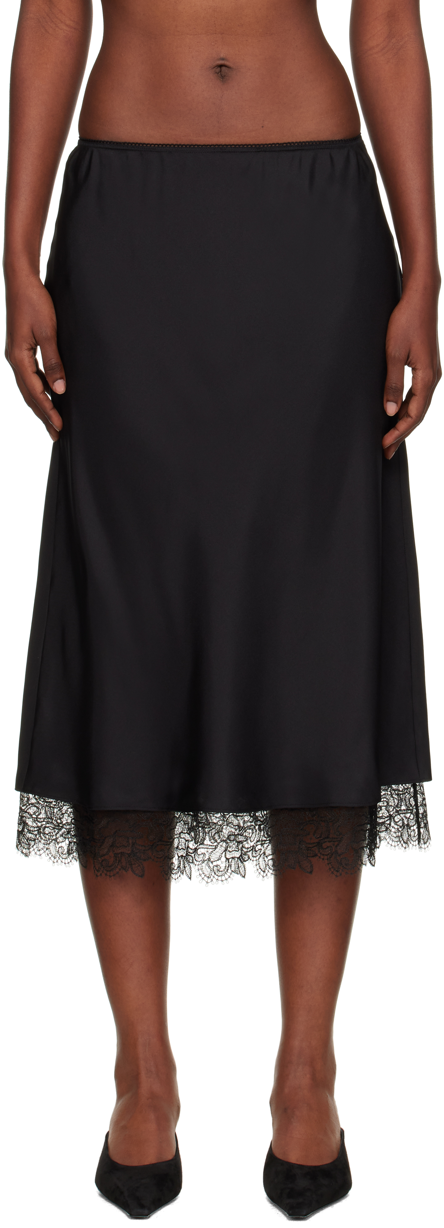 Black Lace-Trimmed Silk Midi Skirt