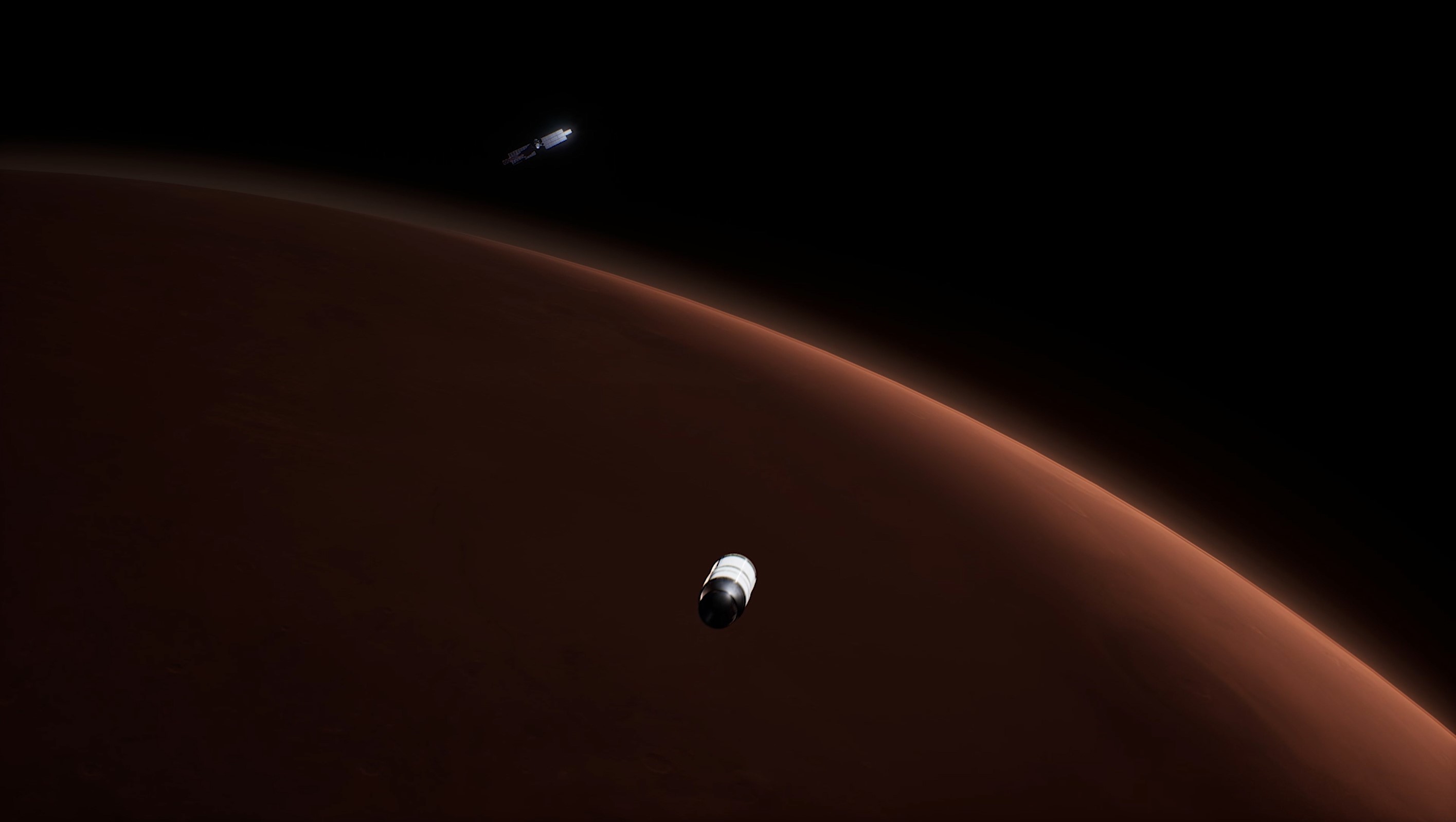 An illustration of a white capsule floating in front of the large red surface of Mars.