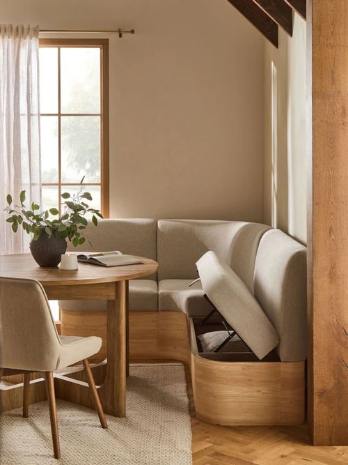 Noa Curve Left Hand Corner Storage Dining Bench in Tweedy Plain Light Natural 