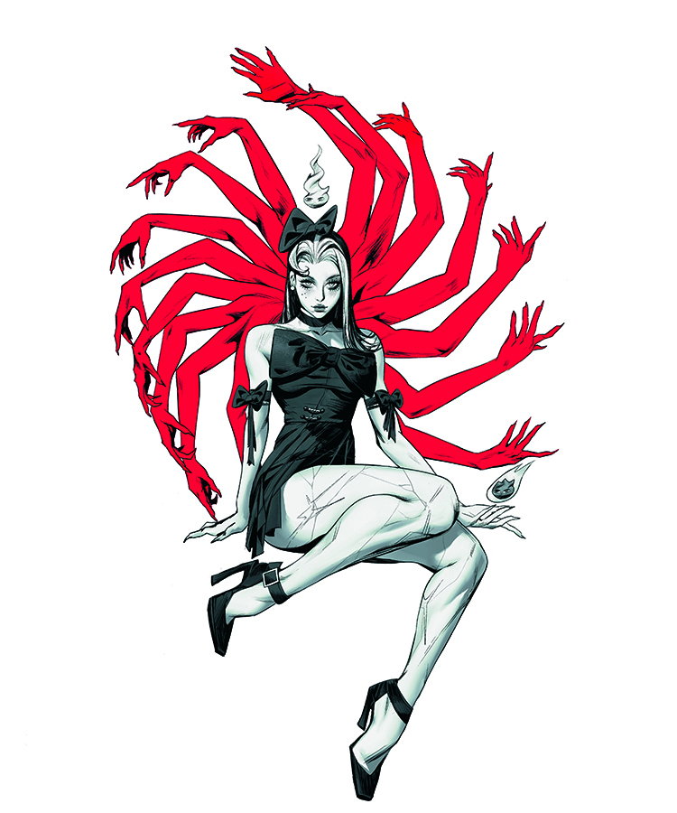fantasy character art showing a female character in red and black colour palette