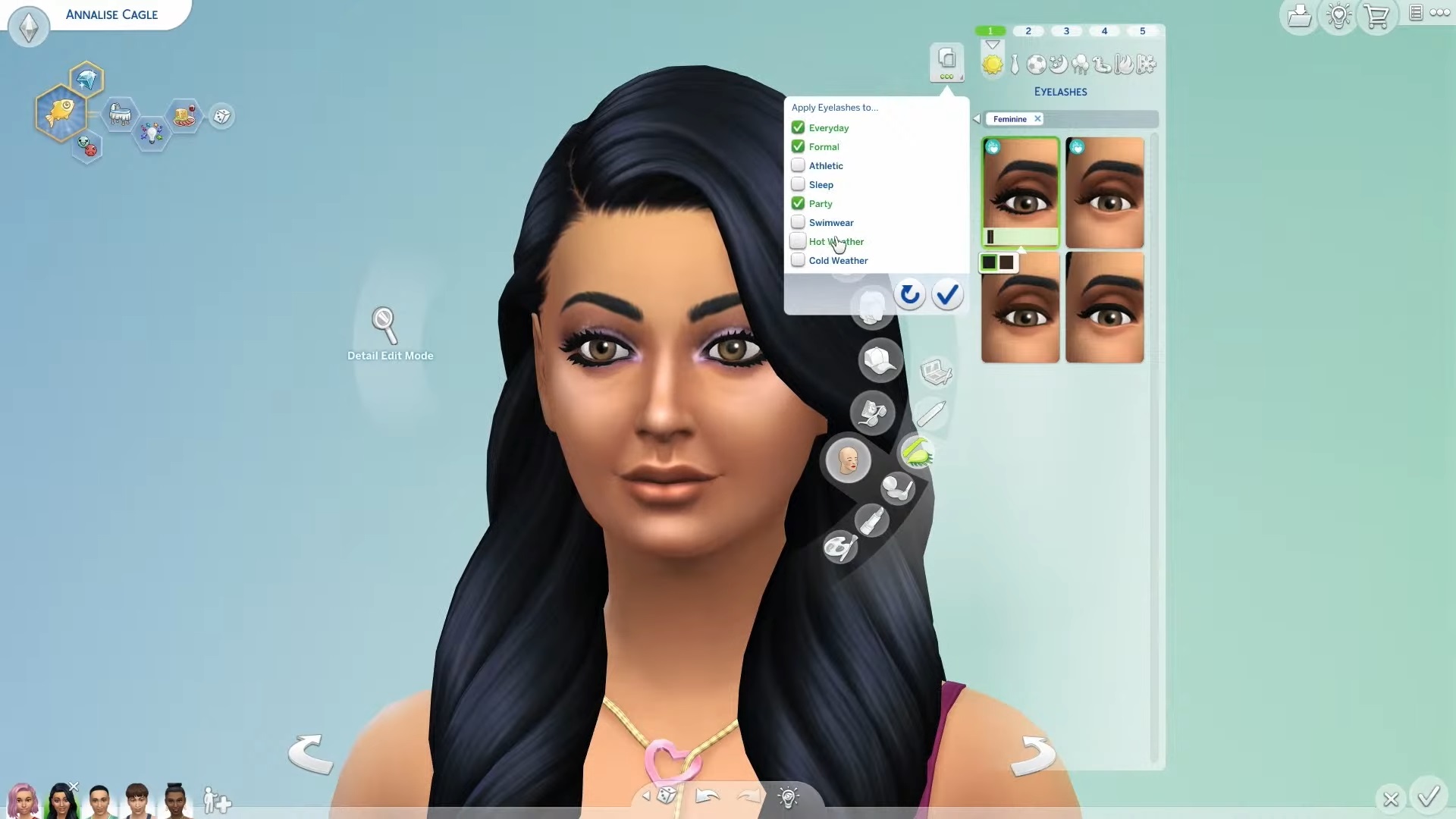 The Sims 4 - A menu option while selecting a face accessory offers tick boxes to apply to multiple outfits simultaneously.