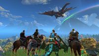 Realm Royale screenshot - four fantasy characters on horseback, seen from behind, looking at a dragon flying in the distance