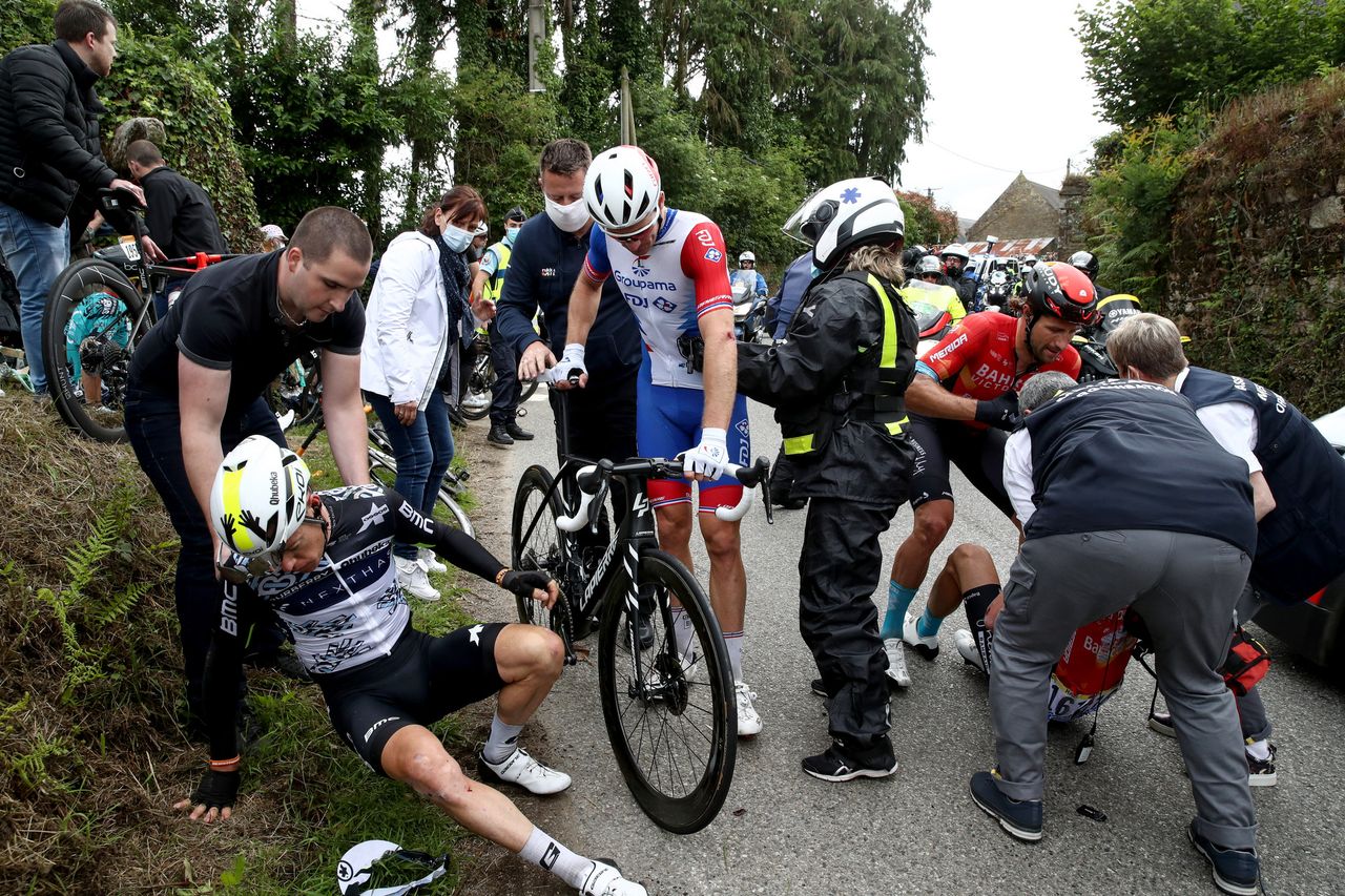 Tour de France 2021 108th Edition 3rd stage Lorient Pontivy 1829 km 28062021 Crash Injury Simon Clarke AUS Team Qhubeka NextHash Arnaud Demare FRA Groupama FDJ Jack Haig AUS Bahrain Victorious photo POOL Etienne GarnierBettiniPhoto2021