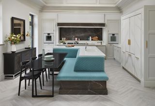 kitchen island ideas with seating, turquoise banquette bench in marble kitchen island