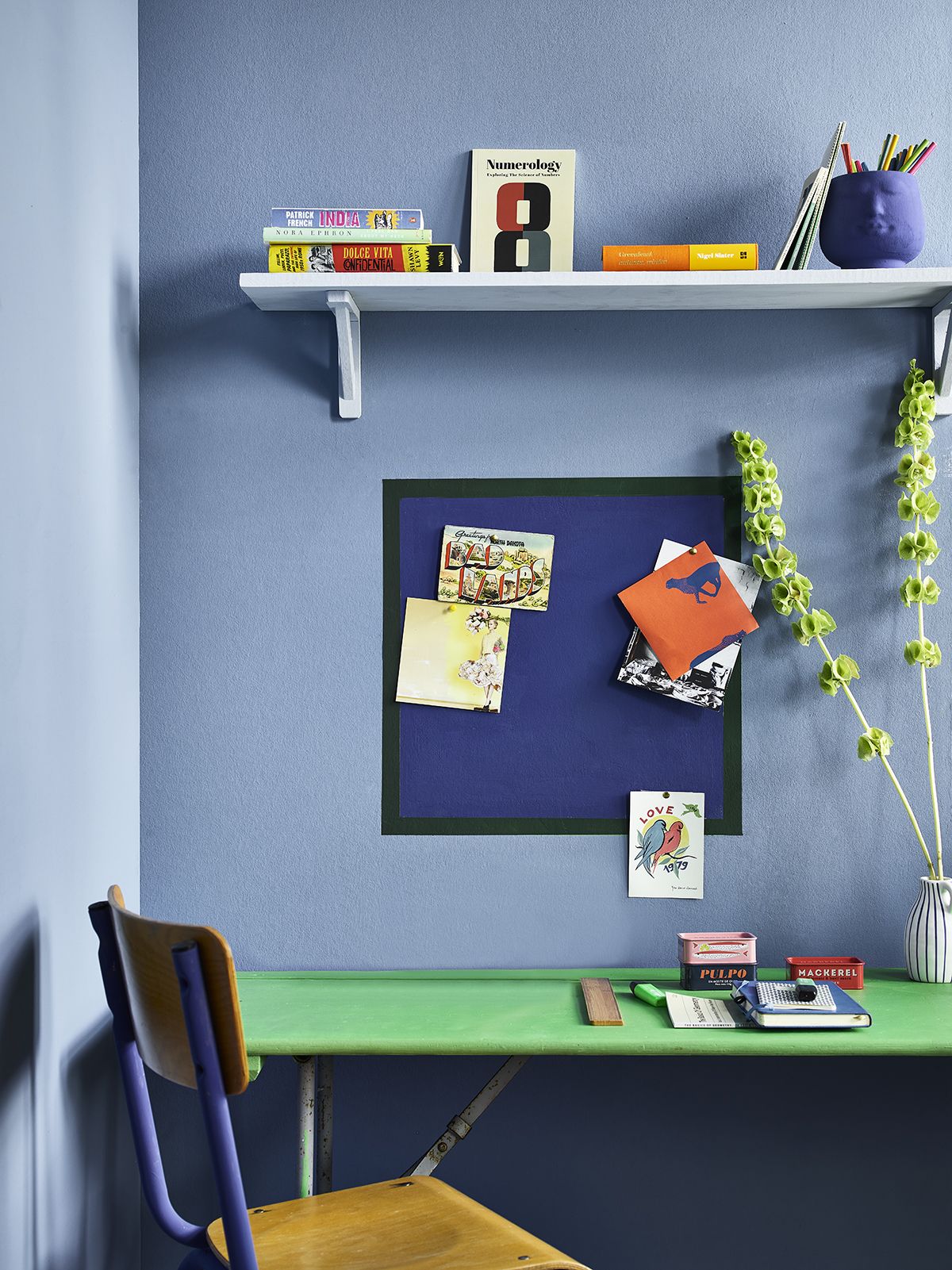 deck painted in bright green for a kids work space