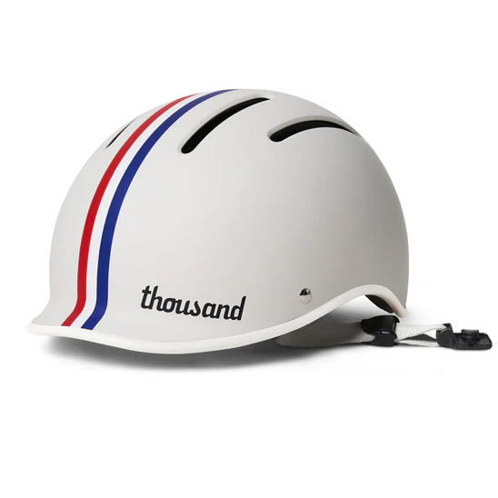 Thousand JR retro style kids bike helmet in white, with a Tricolor strip design down the centre