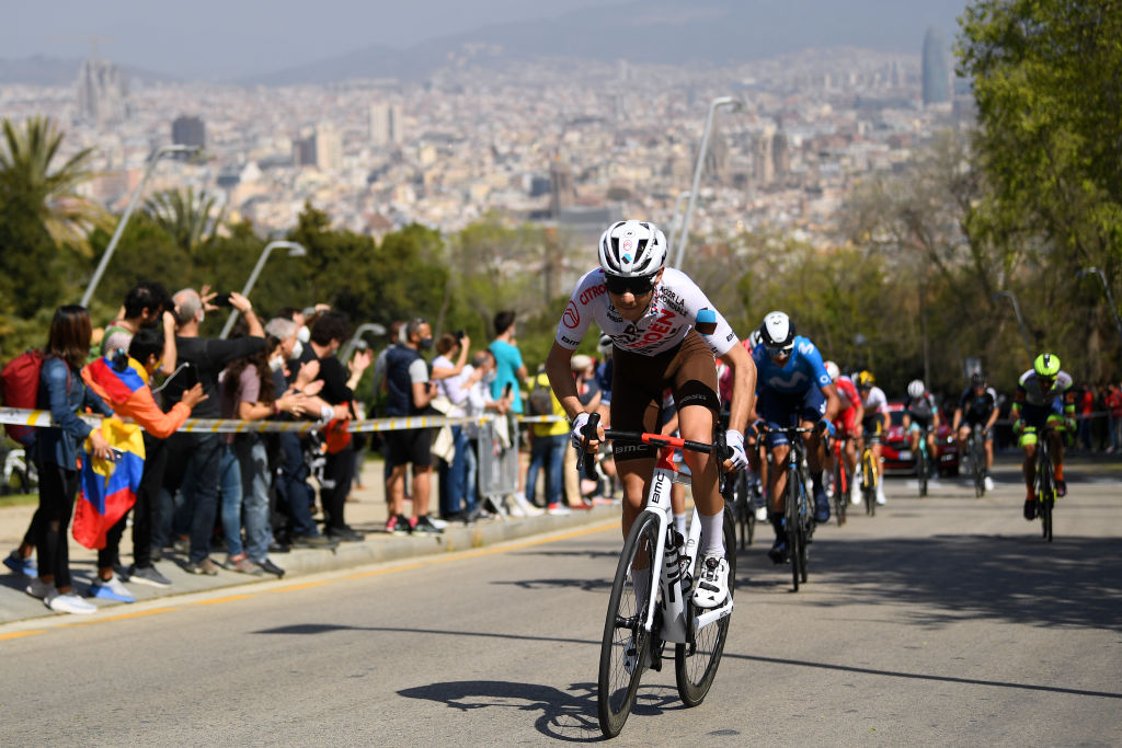 BARCELONA SPAIN  MARCH 28 during the 100th Volta Ciclista a Catalunya 2021 Stage 7 a 133km stage from Barcelona to Barcelona  Public  Fans  Alt del Castell de Montjuc 170m  Landscape  VoltaCatalunya100  on March 28 2021 in Barcelona Spain Photo by David RamosGetty Images