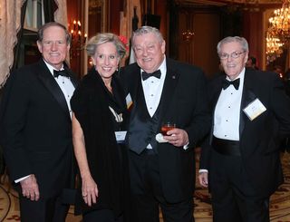 Celebrating this year’s Cable Pioneers (l. to r.): Rick Michaels, Pioneer and Communications Equity Associates chairman; Maggie Miles, president, Miles Media; Les Read, executive director of the Cable TV Pioneers and a Pioneer himself; and Bob Berger, Pioneer and managing director, Communications Equity Associates.