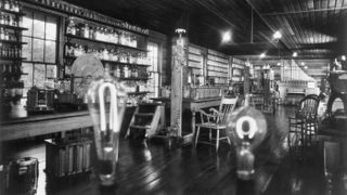 The Menlo Park lab of Thomas Edison, who invented the lightbulb, is shown here after its relocation to the Henry Ford Museum in Greenfield Village, Dearborn, Michigan. The arrow on the vacuum pump (center) marks the site of Edison&#039;s recreation of the lighting of the incandescent bulb on Oct. 21, 1929.