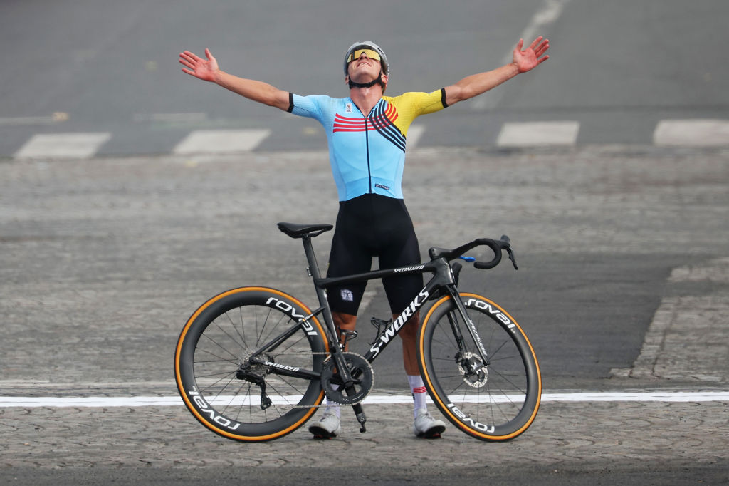 PARIS FRANCE AUGUST 03 Remco Evenepoel of Team Belgium clebrates at finish line as Gold medal winner during the Mens Road Race on day eight of the Olympic Games Paris 2024 at trocadero on August 03 2024 in Paris France Photo by Jared C TiltonGetty Images