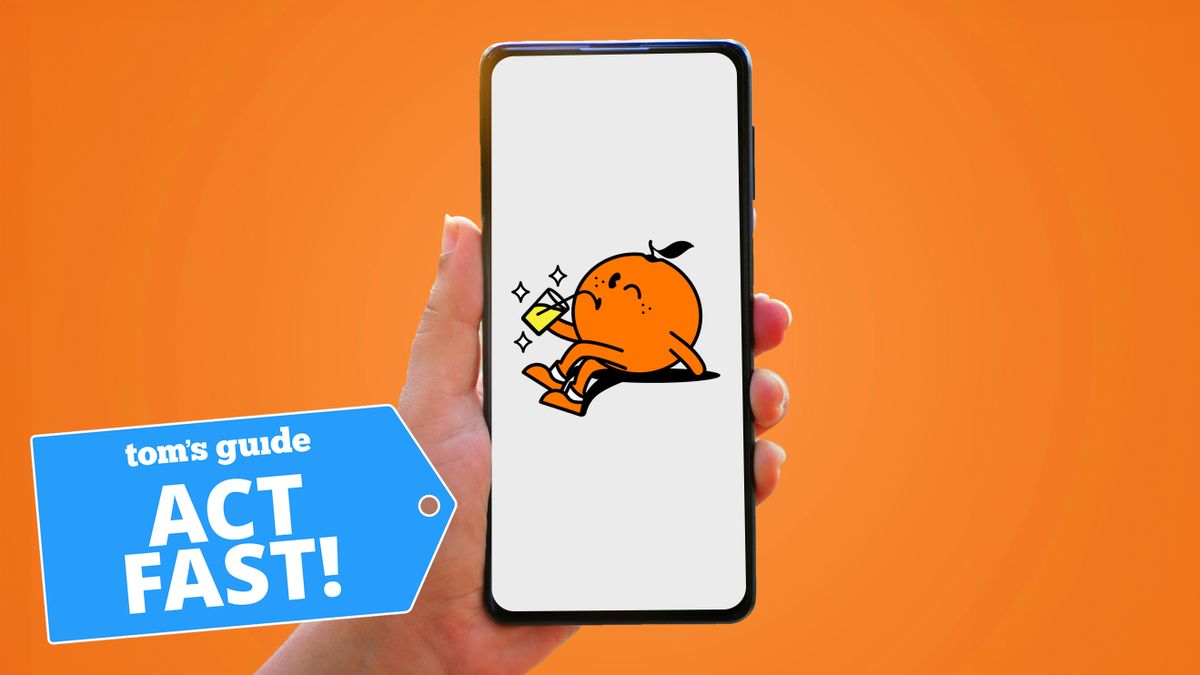 Tangerine logo on white phone screen background with Tom&#039;s Guide deal badge