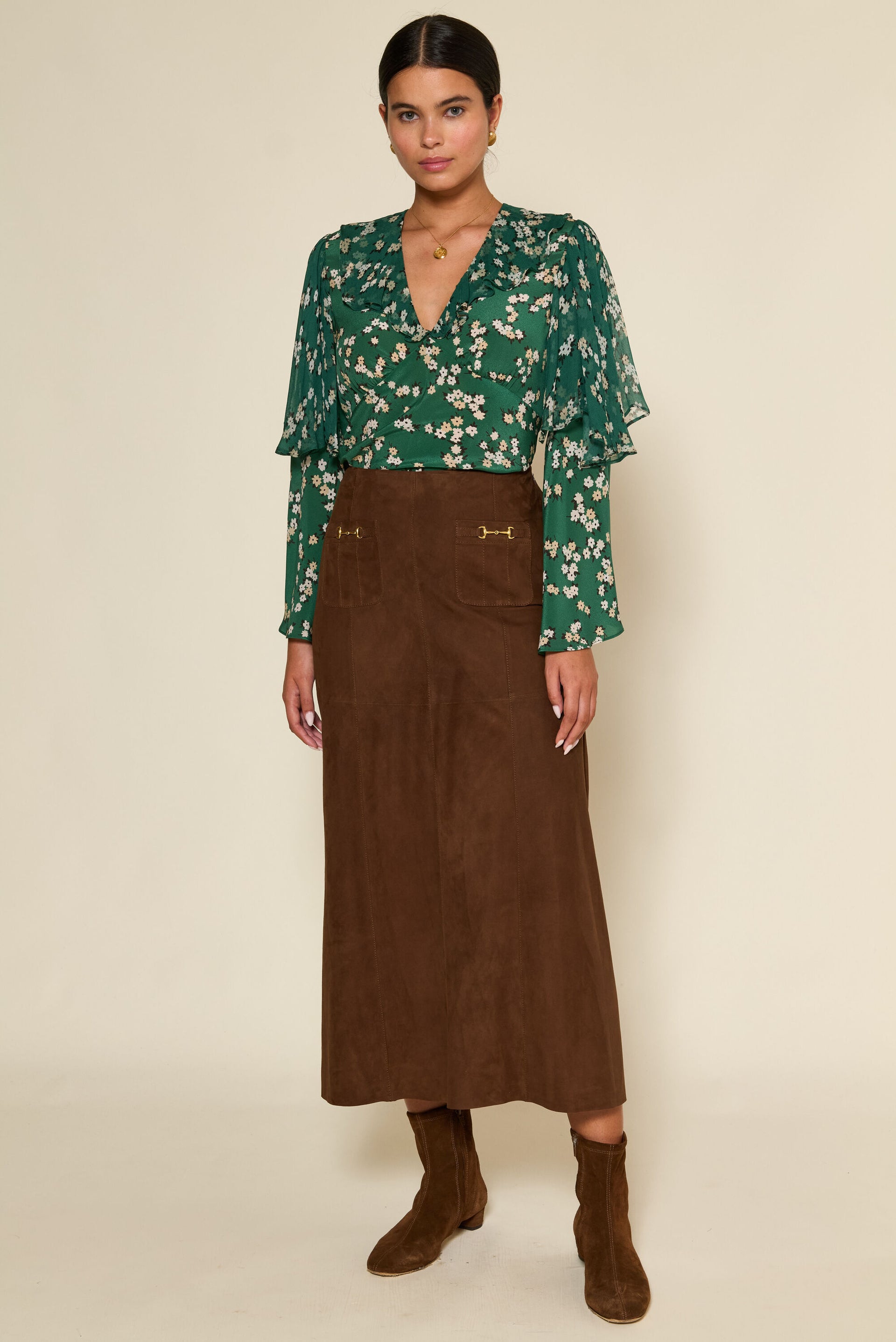 Edwina Suede Midi Skirt in Brown Tan