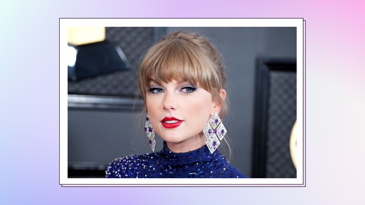 Taylor Swift wears a blue, sparkly dress and silver earrings as she attends the 65th GRAMMY Awards on February 05, 2023 in Los Angeles, California./ in a purple and blue gradient template