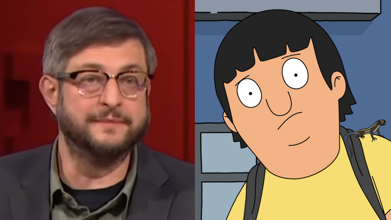 Side by side: Close-up of Eugene Mirman on Have I Got News For You U.S. 2025, close-up of Gene Belcher's grimacing face with lizard on shoulder in Bob's Burgers