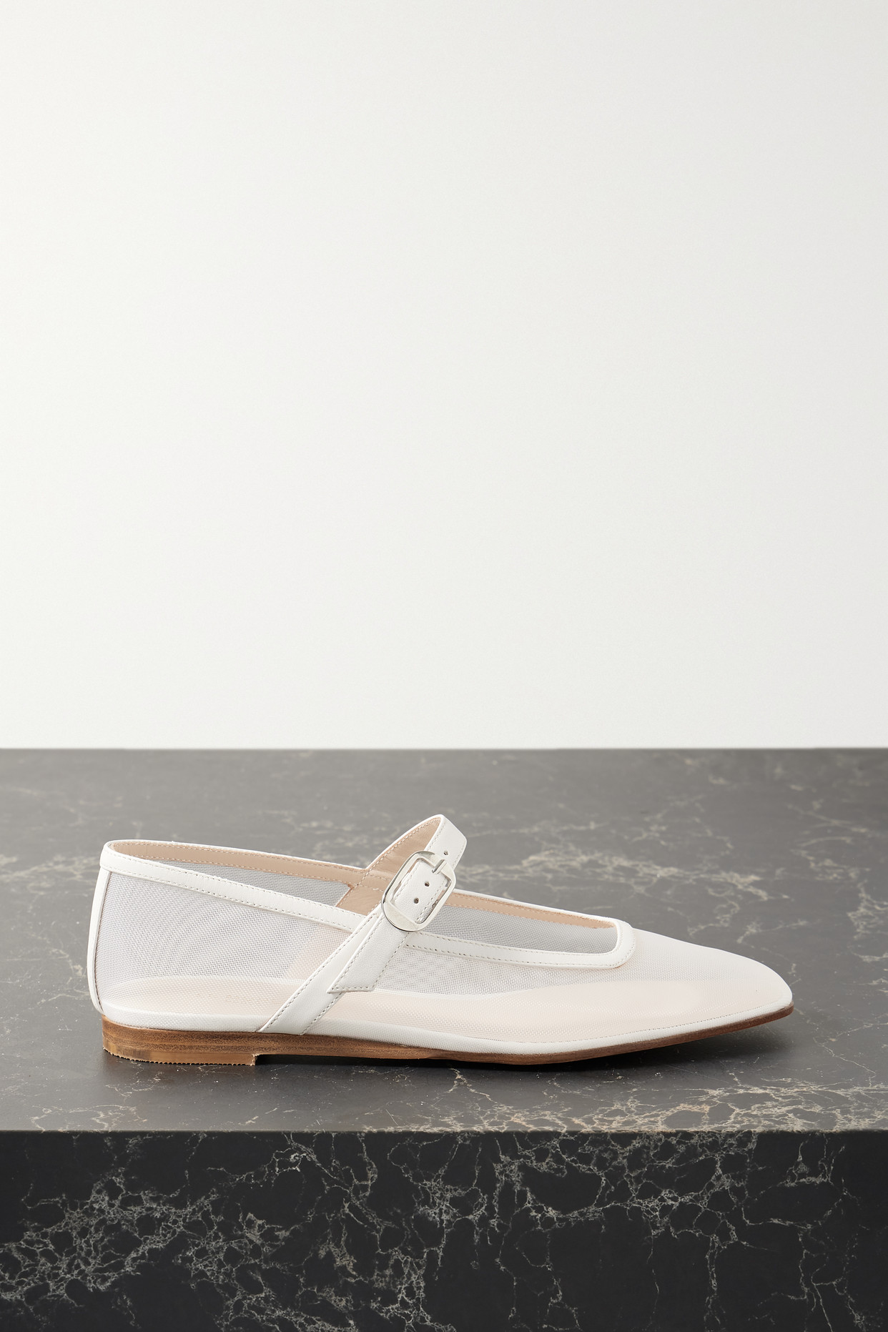 Leather-Trimmed Mesh Mary Jane Ballet Flats