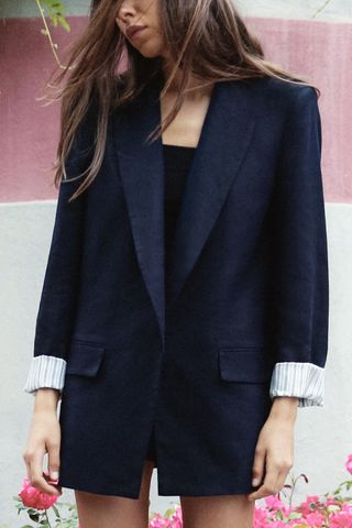 Linen Blend Open Front Blazer