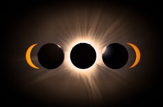 a series of eclipse images from partial eclipse to totality and then back to partial.