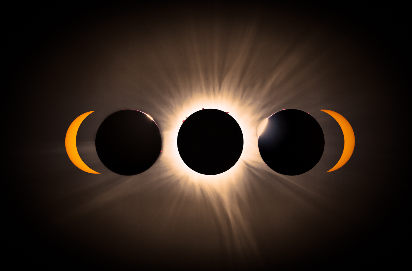a series of eclipse images from partial eclipse to totality and then back to partial.