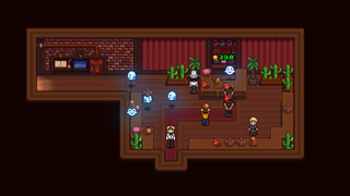 Et skærmbillede fra Haunted Chocolatier, hvor spilleren står inde i et mørkt rum fyldt med kaktusser.
