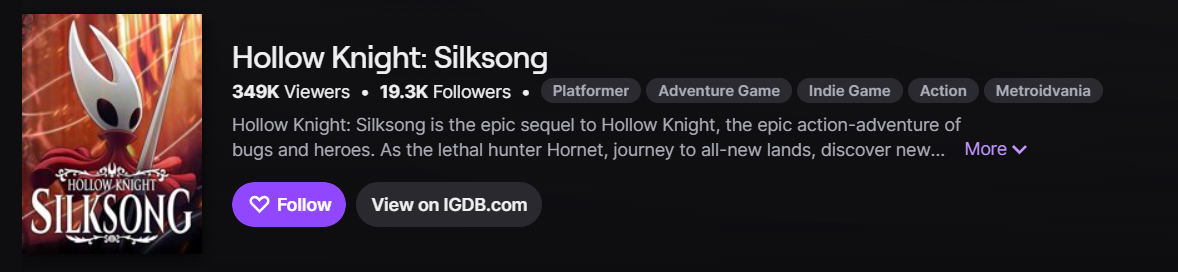 Silksong twitch stream viewer numbers 1 hour 30