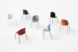 Chairs made from recycled plastic in red, white, blue, black, orange and grey