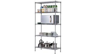 A tall wire shelving unit with kitchen supplies on it.