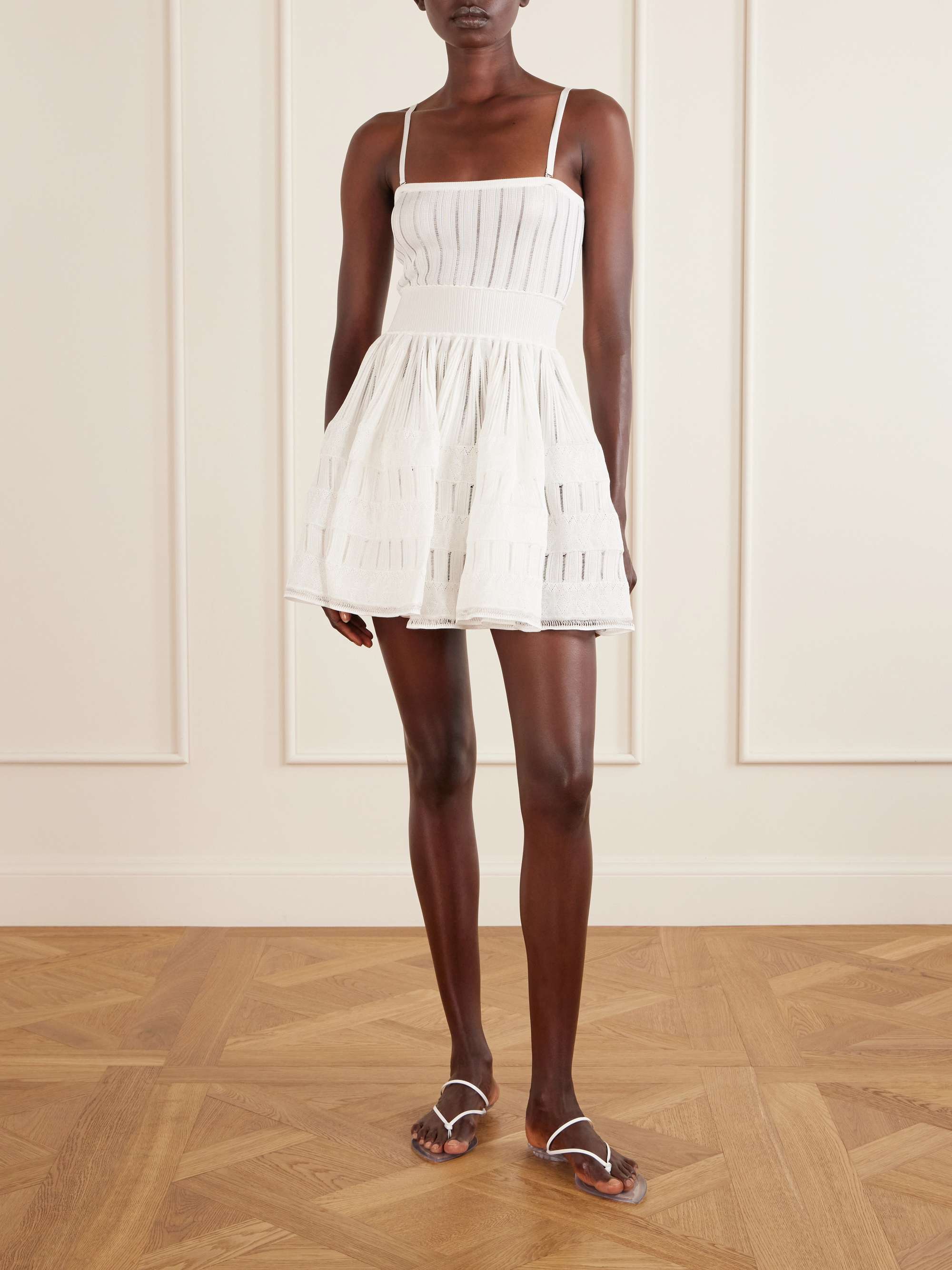 Tiered Pointelle-Knit Mini Dress