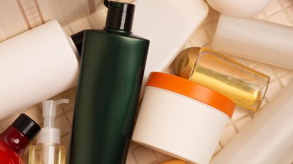 Flat lay of hair and body care products