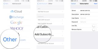 Tap on the Other button, tap on the Add Subscribed Calendar button, and then enter the server location.