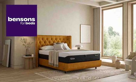 bensons for bed logo placed over an image of a double bed