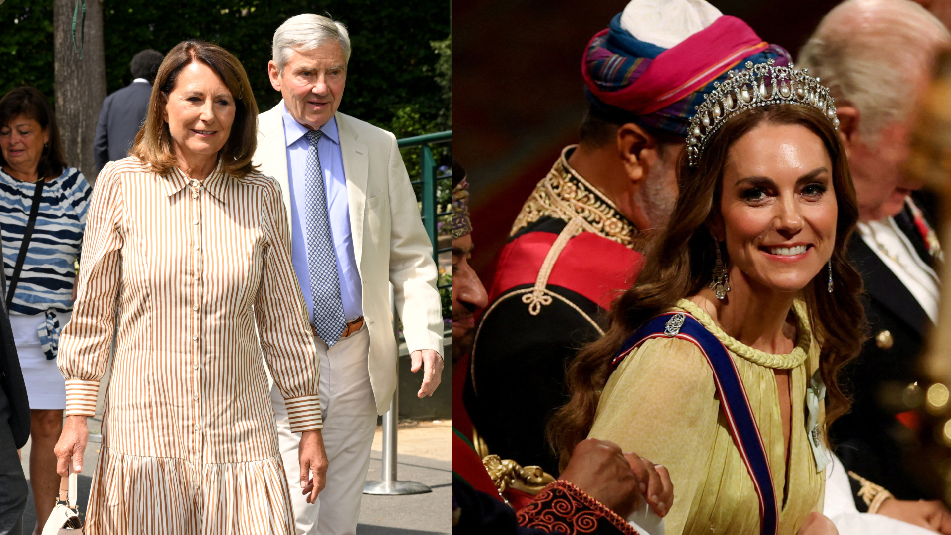 A split image of Carole and Michael Middleton walking at Wimbledon next to Princess Kate in a tiara and yellow dress