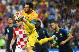 France goalkeeper Hugo Lloris makes a save in the 2018 World Cup final against Croatia in 2018.