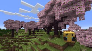 Minecraft 1.20 - A bee floes through a cherry blossom biome