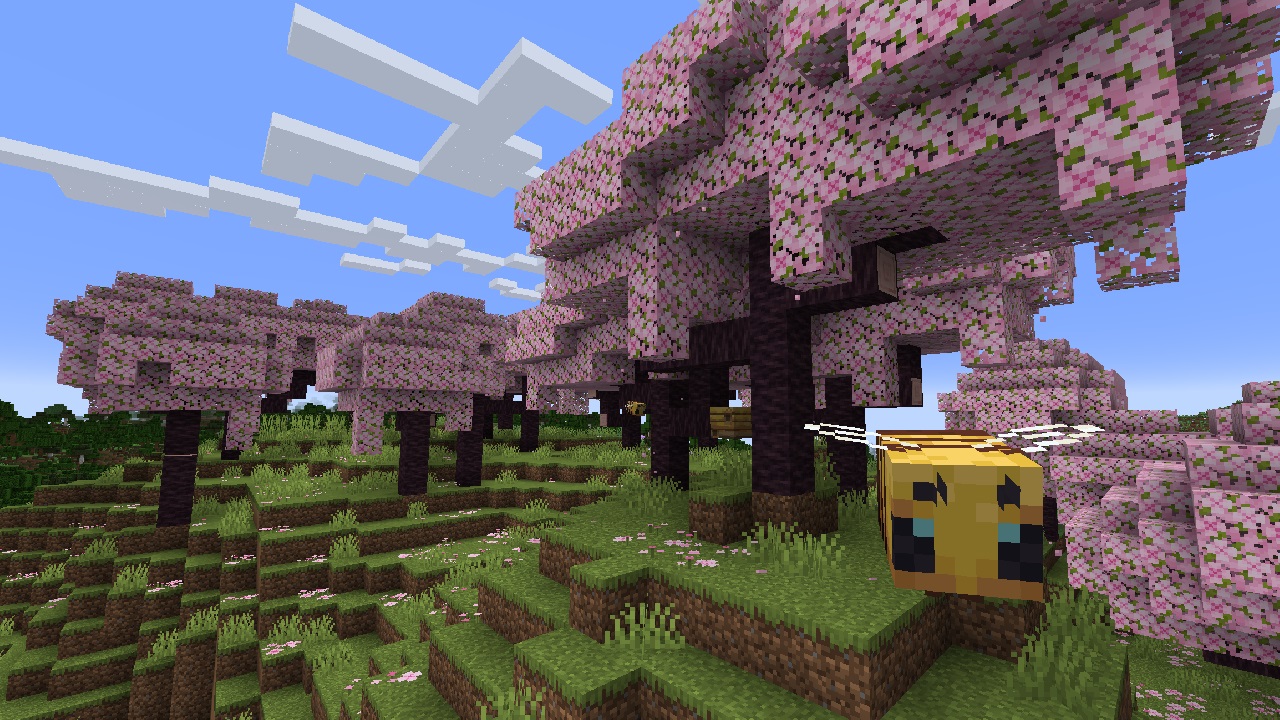 Minecraft - A bee floes through a cherry blossom biome
