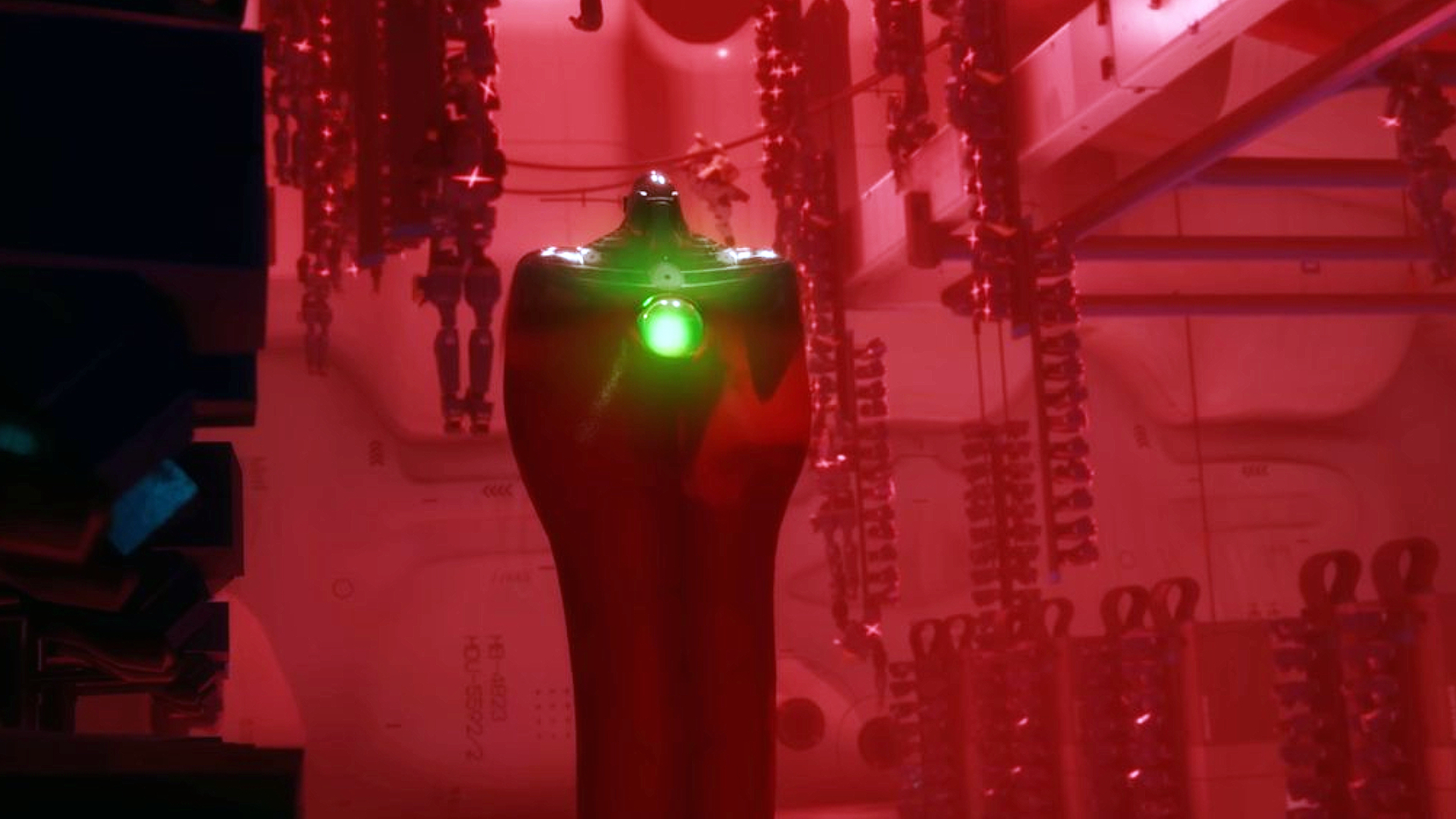 Marathon: The Compiler boss inside a small room bathed in a red glow.