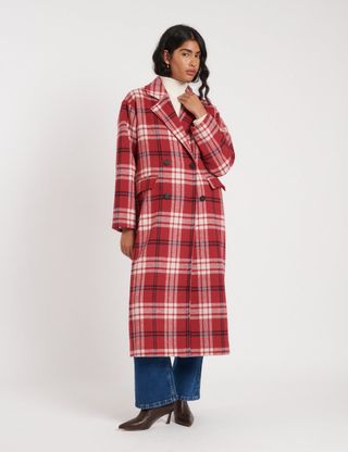 Oversized Red Check Double Breasted Wool Blend Coat